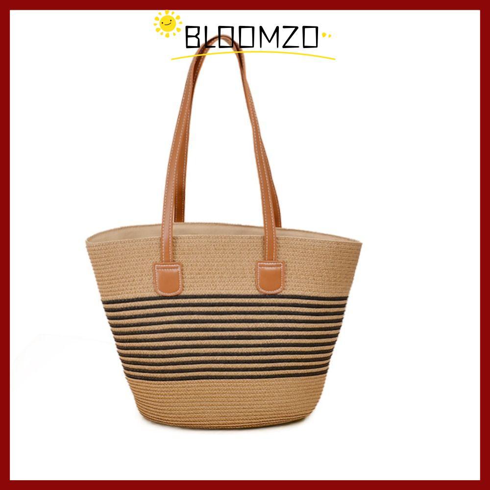 จัดส่งจากประเทศไทยBLOOMZO Tote Bag, Straw Squareทอกระเป๋าสะพายไหล่, Underarm Bag Large Capacity Stripe Vacation Beach Bag