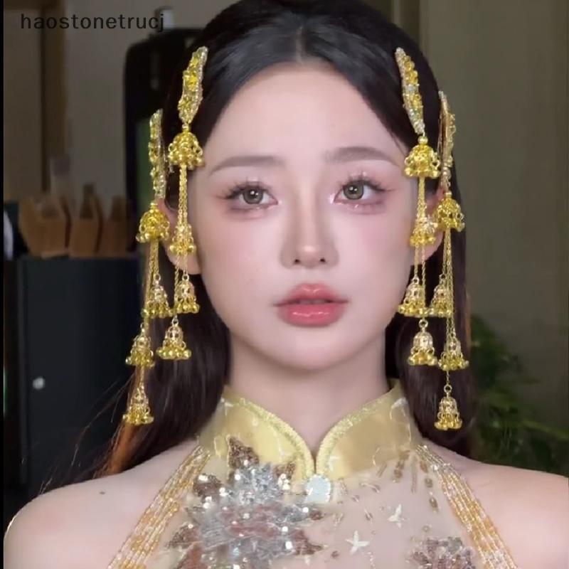 TON ยาว Chain sel Hairpin สําหรับผู้หญิงดอกไม้ Bells รูปคลิปผมเจ้าสาวงานแต่งงานชาติพันธุ์ผมเครื่องประดับ N