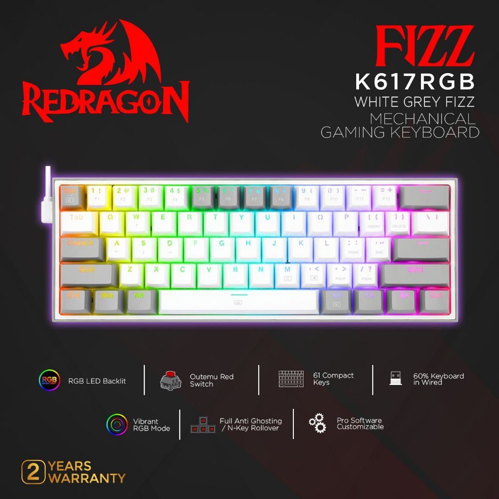 REDRAGON Redagon Mechanical Gaming Keyboard 60% WHITE GREY FIZZ - K617RGB