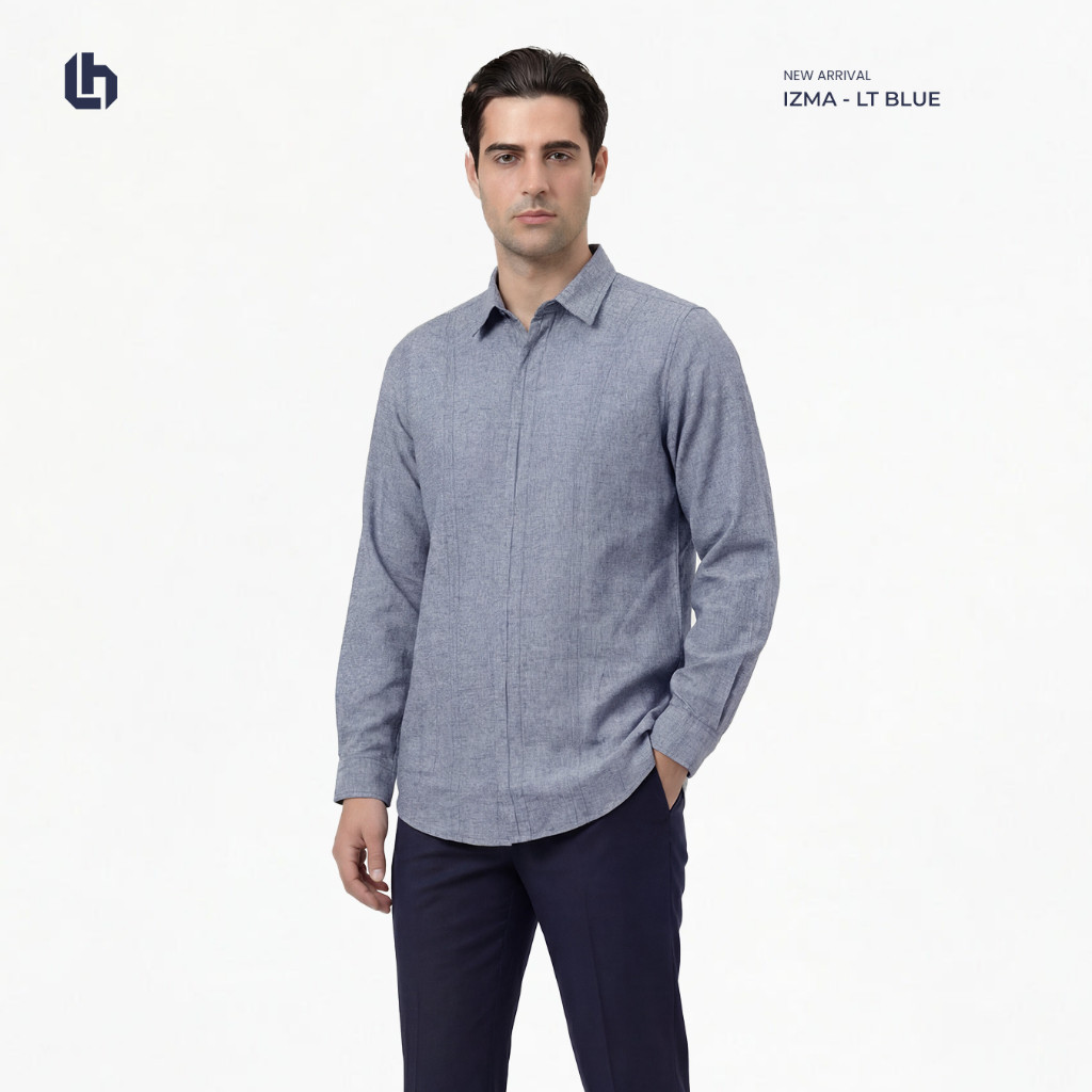 KATUN KEMEJA Luqman Hakim - Izma สีฟ้าอ่อน - เสื้อเชิ้ตผ้าฝ้ายลินินแขนยาวผู้ชาย สวมใส่สบาย ลําลองและ