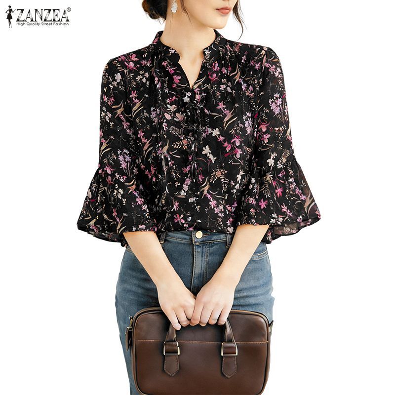 ZANZEA ผู้หญิงเกาหลีวินเทจหรูหรา V คอ Flare Bell Sleeve Dainty Multi-ดอกไม้เสื้อหลวม