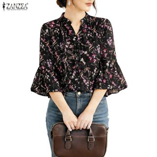 ZANZEA ผู้หญิงเกาหลีวินเทจหรูหรา V คอ Flare Bell Sleeve Dain…