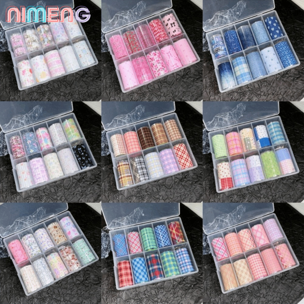 นิเมง 10 ม้วนฟอยล์ลายเล็บ สติกเกอร์ดาวสีชมพู ลายสก๊อตหวาน ปั๊มเล็บ ตกแต่งเล็บ