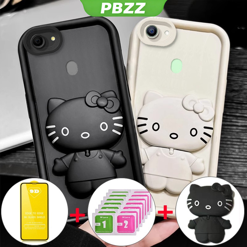 PBZZ เคสสำหรับ OPPO F5 OPPO F7 เคสโทรศัพท์เคสนุ่มซิลิโคนกันกระแทก ดีไซน์ใหม่สวยงามการ์ตูนแมวกระจกพร้อมที่วางและฟิล์มนุ่ม JTMKTM01
