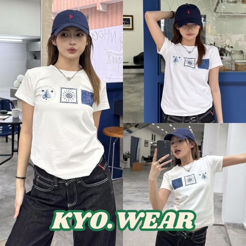KYO แฟชั่นทรงเข้ารูป เกาหลีสไตล์ เสื้อยืดผู้หญิง พิมพ์ลาย "sun dress" เสื้อคอกลม ผ้าฝ้ายแท้ โคตรนุ่ม เสือใส่สบาย【COD】