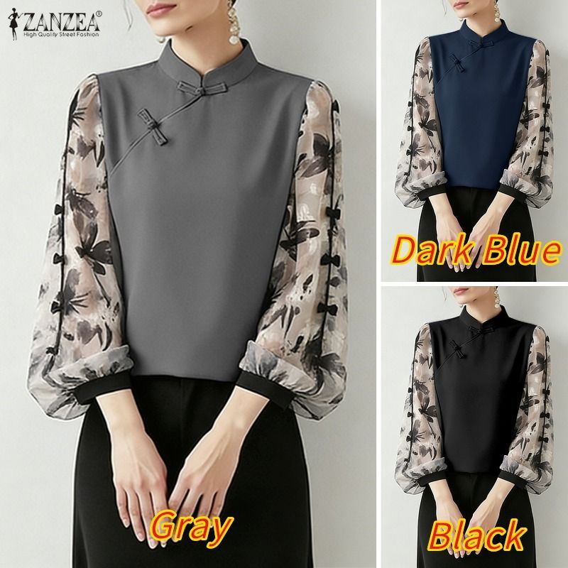 ZANZEA ผู้หญิงเกาหลีปกแขนยาวดอกไม้ Patchwork Bowtie เสื้อ — صورة 3