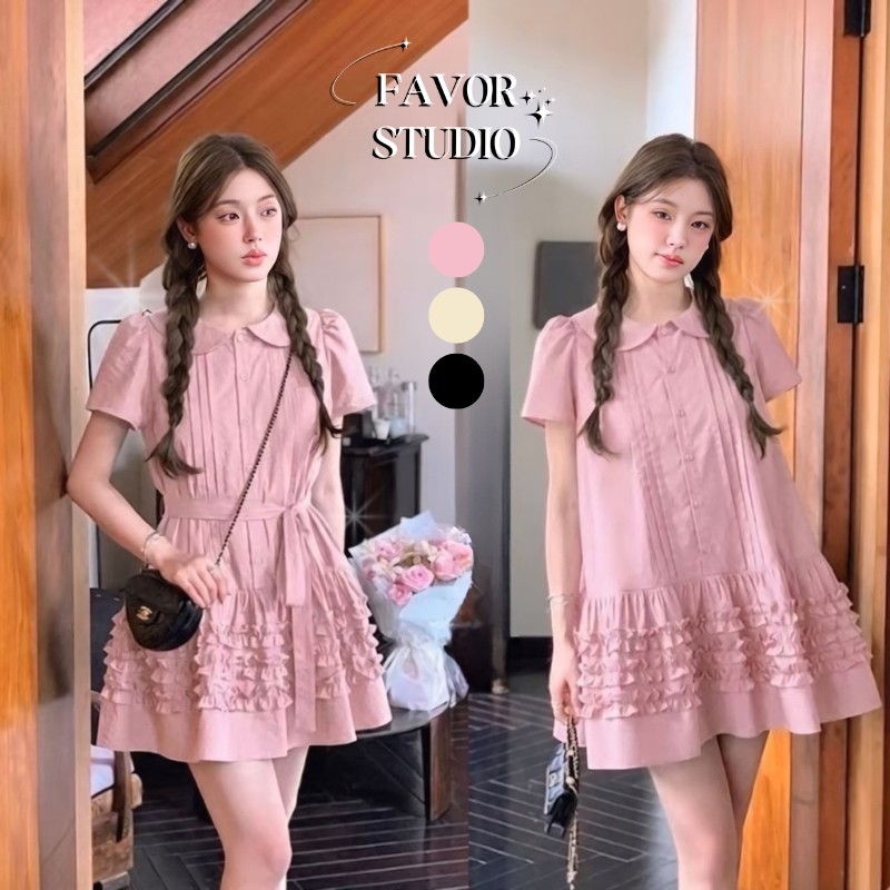 EVIOVIO【S-5XL】เติมสต๊อกแล้ว😍มินิเดรสคอปกบัว ทรงตุ๊กตา งานระบาย 3 ชั้น พรางหุ่น ชุดไปคาเฟ่ เดรสสาวอวบ พร้อมส่งในไทย💞