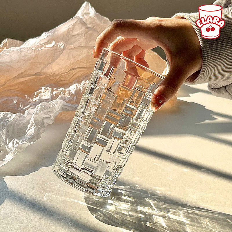 แก้วกระจกลายตะกร้า 280ml/300ml (สั้น/ยาว) | แก้วกาแฟ วิสกี้ ชา ผลไม้ เครื่องดื่มเย็น สไตล์อินสตา