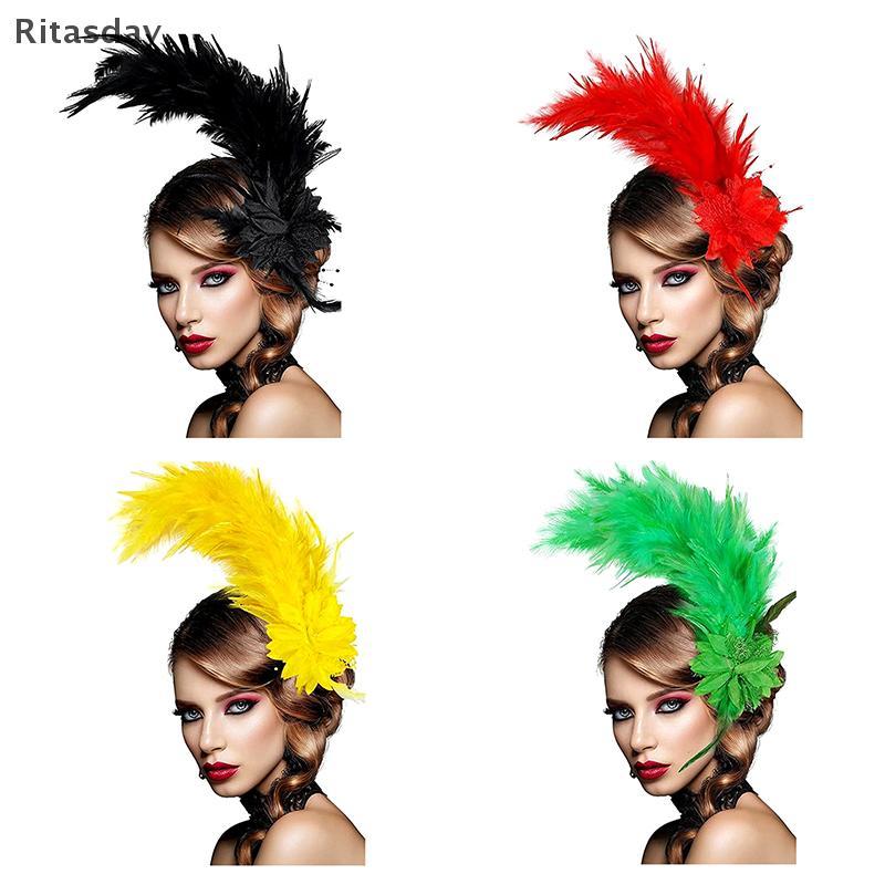 Ritasday ผู้หญิง Feather Fascinator สีอุปกรณ์เสริมผมสําหรับผู้หญิง Tea Party Stage Performance Headpiece ใหม่
