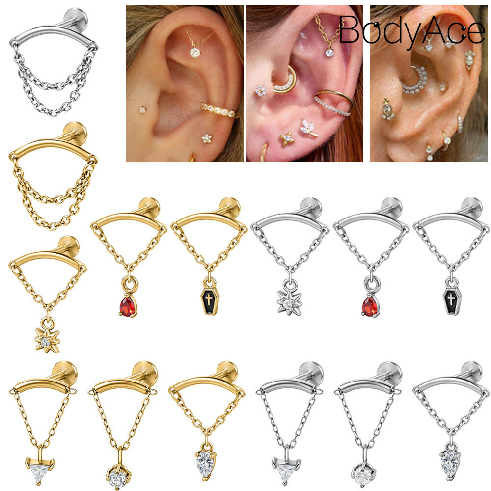 Bodyace ต่างหูโซ่สตั๊ด ขนาด 16G สแตนเลส สำหรับหูเจาะ Helix และ Rook