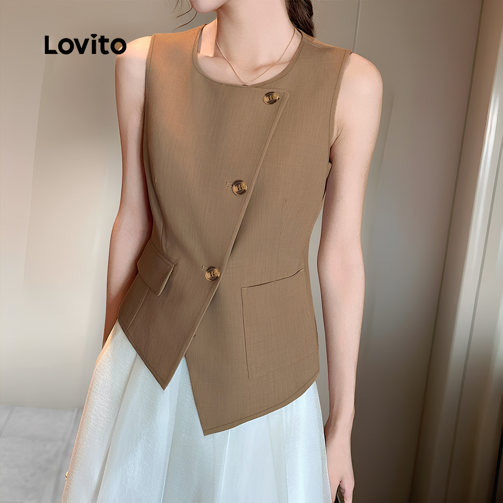 Lovito  เสื้อลําลองผู้หญิงฤดูใบไม้ผลิ/ฤดูร้อนปกปุ่มไม่สมมาตรกระเป๋าปลอมสีคากิ L178ED2146 ราคา ถูกที่สุด ดีลบีเคเค แกลเลอรีภาพที่ 3