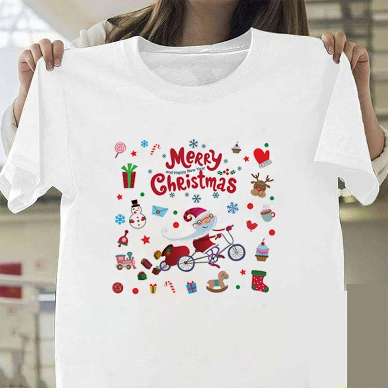 CODMerry Christmas TShirt ฤดูร้อนน่ารักการ์ตูน Santa Claus ผู้หญิงรอบคอสีขาวแขนสั้นเสื้อยืดใหม่ปีเกา