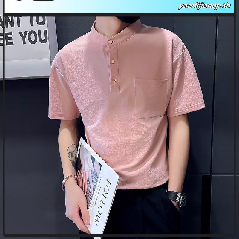 เสื้อเชิ้ตแขนสั้นลําลอง ผ้าฝ้าย และผ้าลินิน คอปกสูง ทรงหลวม สีขาว แบบเรียบง่าย สําหรับผู้ชาย SLC08