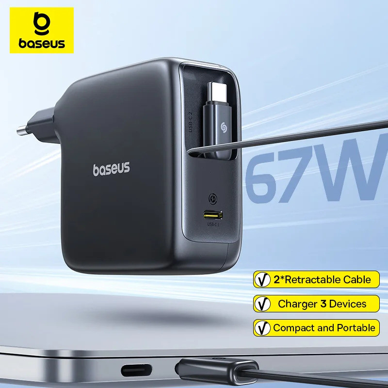 Baseus 67W GaN Charger พร้อมสายหดคู่ Fast Charger สําหรับ iPhone Xiaomi Samsung Travel Charger เครื่