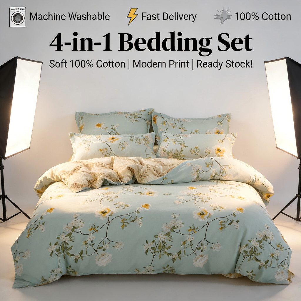 ขายร้อน 4 in 1 ชุดเครื่องนอน Soft Breathable Floral Leaf Berry Lemon Ditsy พิมพ์ทุกขนาด