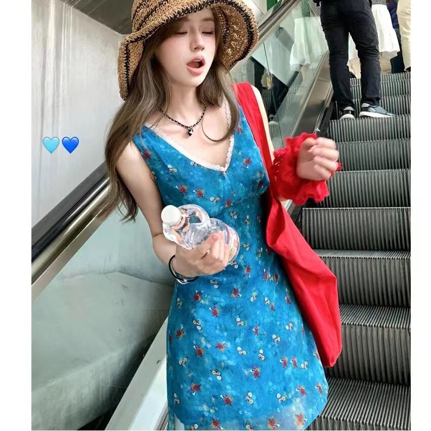 กระโปรง A-line สไตล์เรโทร ลายดอกไม้สีฟ้า ทรงกระชับและสวยงาม สำหรับใส่ในฤดูร้อน - 26108 CJ2C