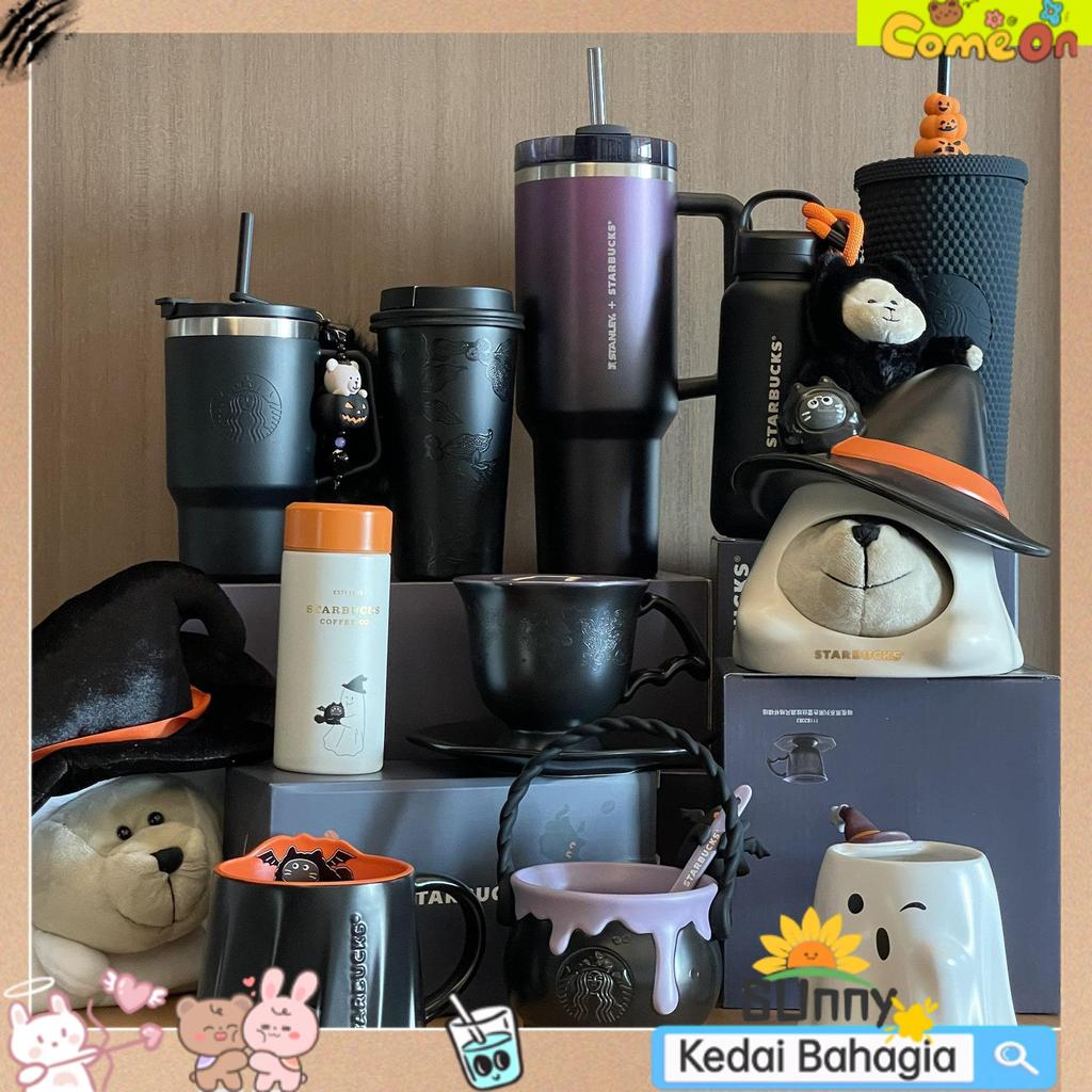 Quality Ready Stock [starbucks/starbucks Daigou] starbucks Cup 2025 Halloween Dark Night Black Crucible Lace Texture สแตนเลสฉนวนเซรามิคฟางถ้วยน้ํา