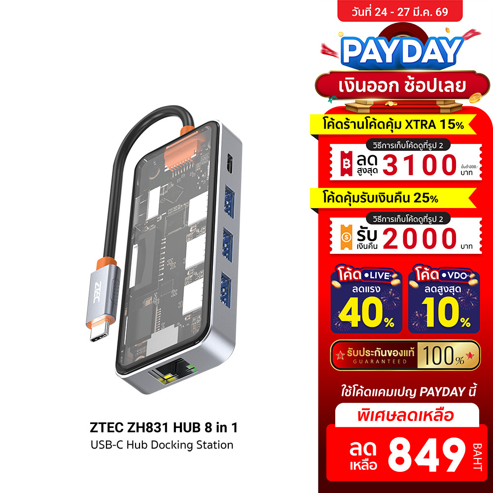 [ลดเหลือ 849] ZTEC ZH831 HUB 8 in 1 USB-C 100W ,HDMI 4K,LAN 1Gbps,USB-A USB 3.2 Gen 1x1,SD Card,Micr