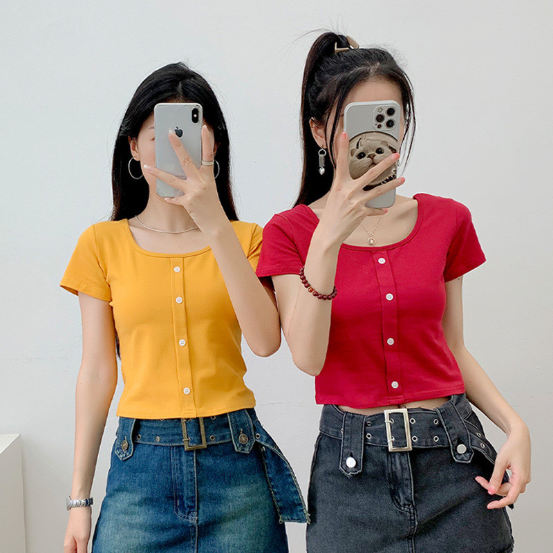 คอเอวเกาหลีแน่นสะดือสัมผัสของแท้สแควร์ไหล่เสื้อแขนสั้นสูงสะดือออกแบบเสื้ออินเทรนด์รั่วสไตล์สั้นเกาหล