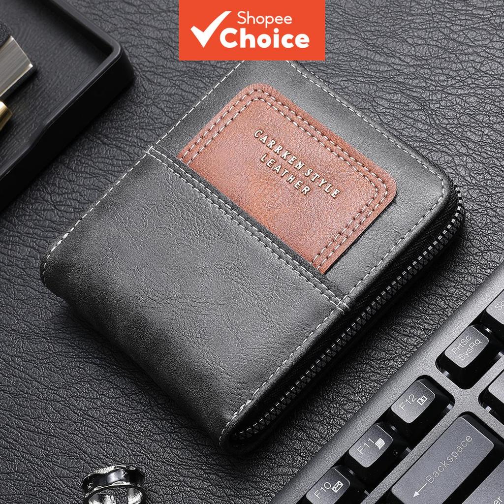 CarrKen กระเป๋าสตางค์ใบสั้นสําหรับผู้ชาย Color-Block Zip Multi-Card & Coin Purse in Fashion Design