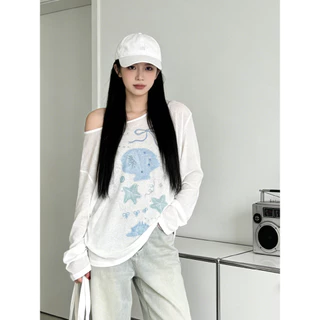 Vogue🌟พร้อมส่ง🌟 เสื้อโอเวอร์ไซส์ แขนยาว ลายท้องทะเล น่ารักๆ สไตล์สาวเกา ใส่ได้หลายแบบ (FY2104#1)