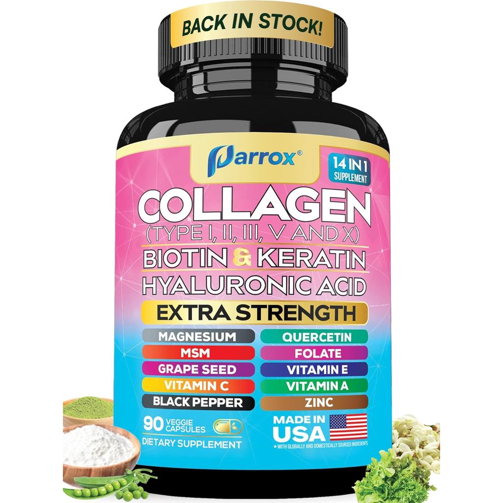 คอลลาเจนเปปไทด์ชนิด I, II, III, V & X, MCG Biotin, Keratin, Hyaluronic Acid, MSM, Zinc, สารสกัดจากเม