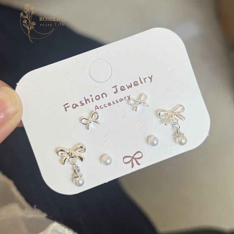 Roselife Super Value 6PCs S925 Sterling Silver Pear Bow Earrings Set ต่างหูแฟชันสำหรับผู้หญิง