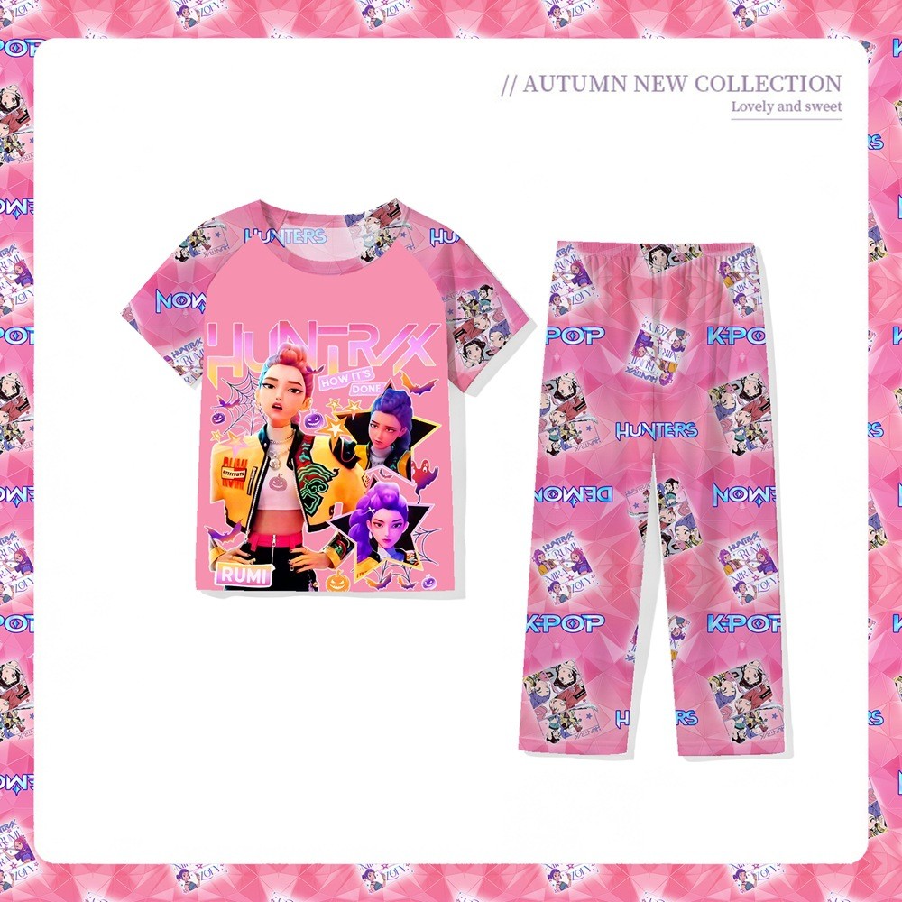 KPop Demon Hunters Huntrix ชุดนอนเด็กแขนสั้นสาวเสื้อผ้า 2 ชิ้นชุดนอนเด็กการ์ตูนชุดนอนเด็ก 3-14Y