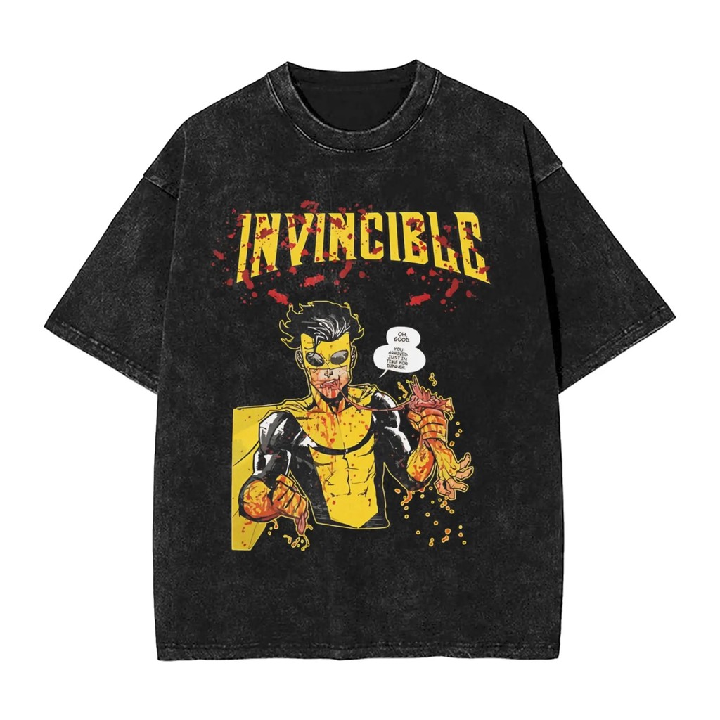 เสื้อยืดการ์ตูน InvincibleMark/Omni-Man/Thragg/Atom Eve กราฟิก 100% ผ้าฝ้ายHeavyweight Washed สีล่าง