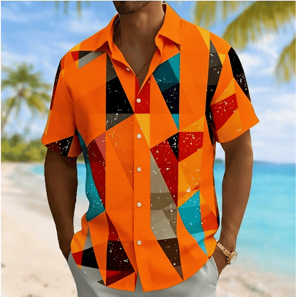 เสื้อแขนสั้นลายเรขาคณิตสำหรับผู้ชาย, เหมาะสำหรับฤดูร้อนและวันหยุด, ทรงหลวมสวมใส่ง่าย