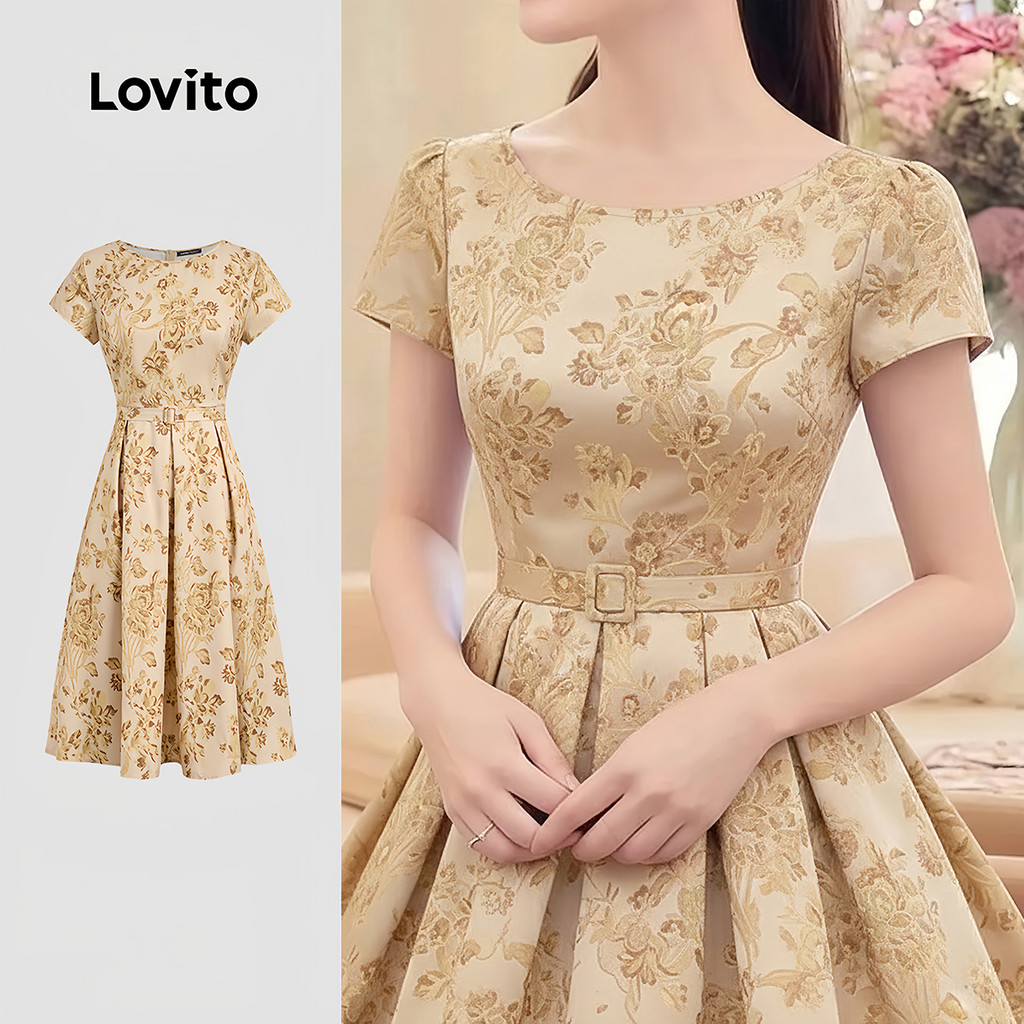 Lovito โบโฮ เดรสลายพลีตพร้อมเข็มขัด เดรสสีคากีสําหรับฤดูใบไม้ผลิ/ฤดูร้อนสําหรับผู้หญิง L183ED068