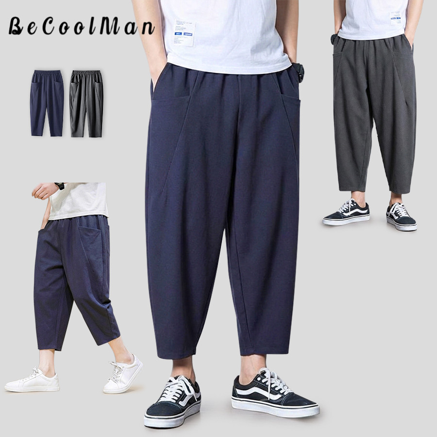 💥BecoolMan💥กางเกงลำลองผู้ชาย รุ่นสตรีทแฟชั่น ขากว้าง มีกระเป๋าใหญ่ ผ้ากันยับ ใส่สบาย