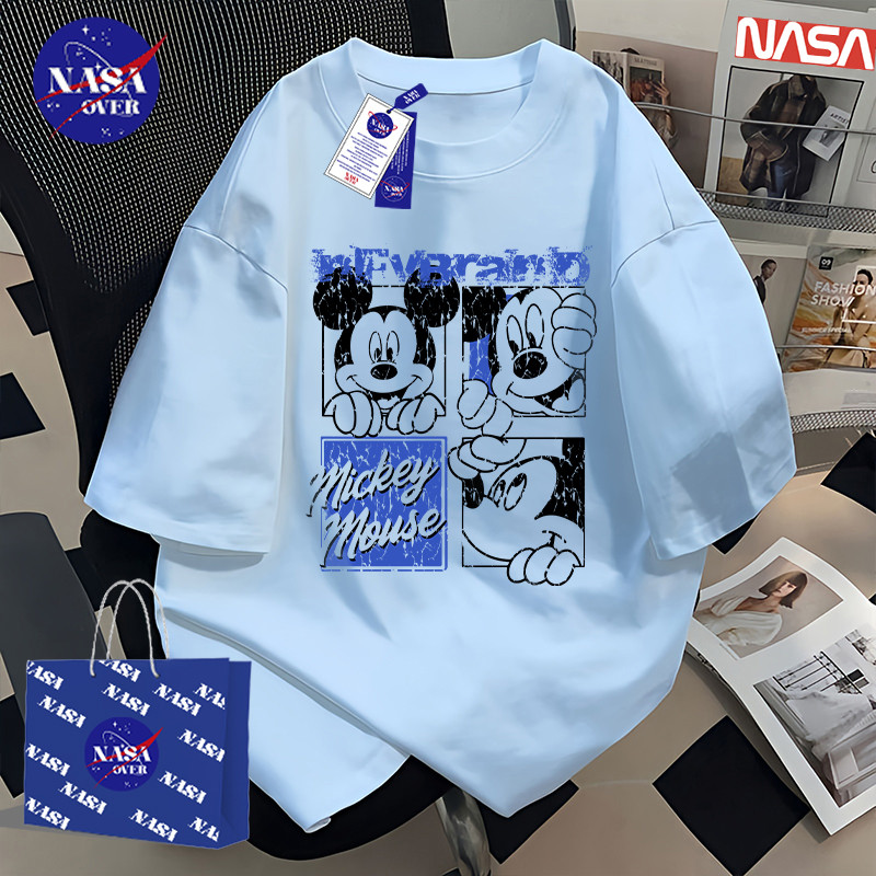 【จัดส่งตลอด 24 ชั่วโมง】🔥NASA ฤดูร้อน oversize แขนสั้น ลายหนูการ์ตูน 🐭 สไตล์ขี้เกียจ ลำลอง สีฟ้า เสื้
