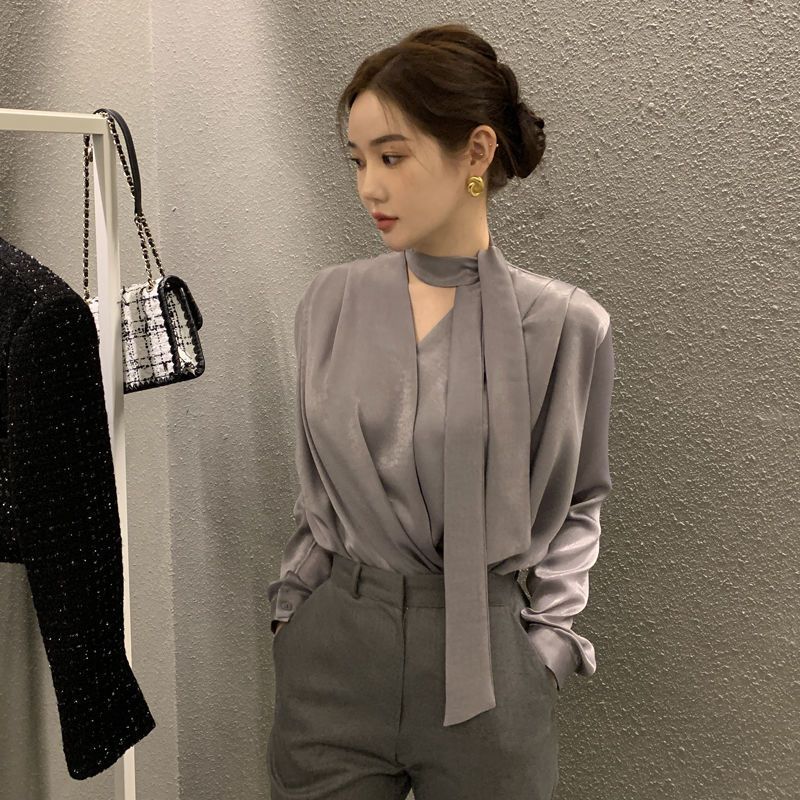 เกาหลี 2026 High-End Anti-Wrinkle Laced-Up Acetate ซาตินเสื้อผู้หญิงฤดูใบไม้ผลิฤดูใบไม้ร่วงLaced-Up 