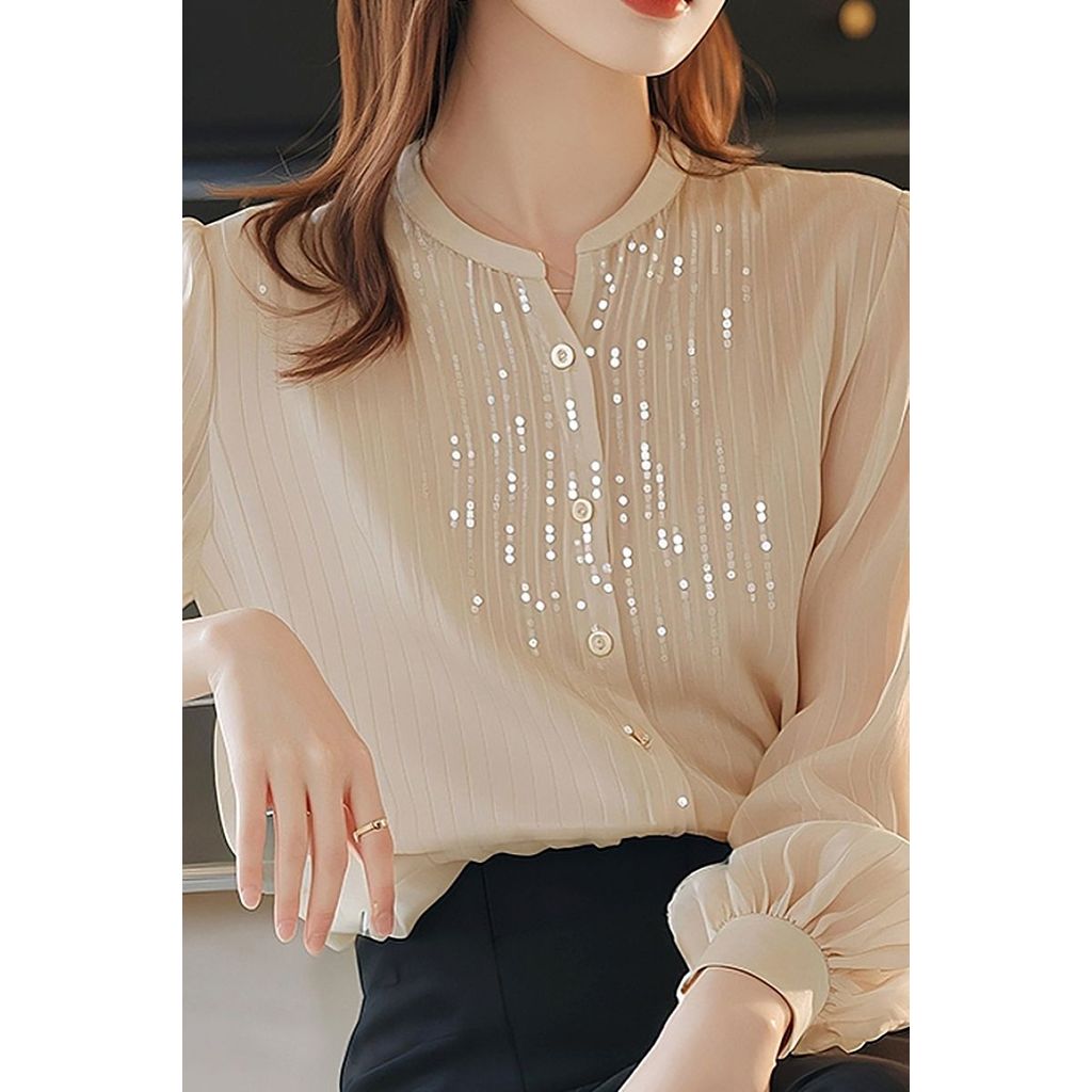 COD 2026 เสื้อชีฟองแขนยาวระดับไฮเอนด์แฟชั่นสุภาพสตรีฤดูใบไม้ผลิสไตล์ใหม่แฟชั่นฝรั่งเศส Classy ครึ่งเ