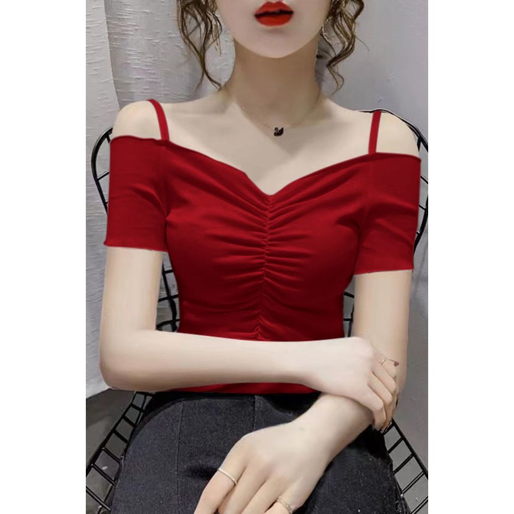 2026 แฟชั่น 20262022ฤดูใบไม้ร่วงเซ็กซี่ One-Line คอ Strapless Top จีบ Slim-Fit Slimmer ดูเสื้อยืดแขน