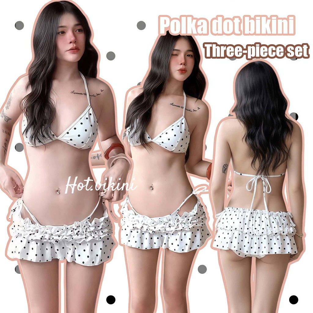 🤍Hot.Bikini🤍ชุดว่ายน้ำน่ารัก ชุดบิกินี่ Polka Dots bikini เว้าหลัง 3 ชิ้น ชุดว่ายน้ำผู้หญิง เที่ยวทะเล fancy fashion