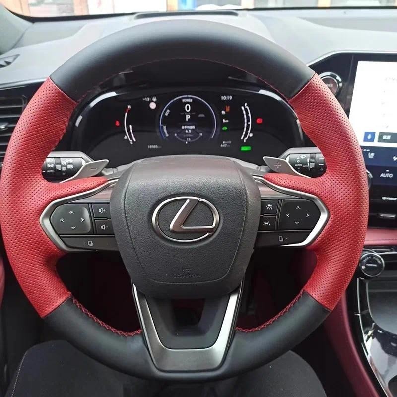 มือเย็บสีดําสีแดงหนังแท้พวงมาลัยรถสําหรับ Lexus NX 250 NX260 NX350 NX350h NX450h + 2022 2023 อะไหล่ร