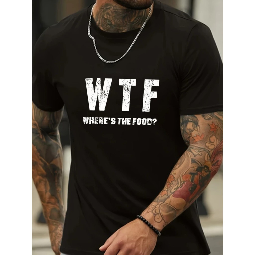 ทีเชิ้ตสีดำพิมพ์ลาย WTF WHERE S THE FOOD สำหรับผู้ชาย แขนสั้น คอกลม
