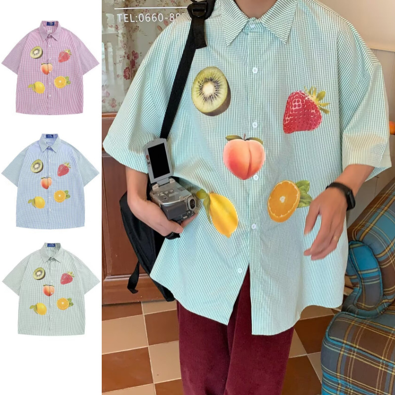 เสื้อเชิ้ตแขนสั้นสำหรับทุกวัยจากแบรนด์ Suikone สไตล์อินเทรนด์พร้อมลายพิมพ์ผลไม้หรูหรา
