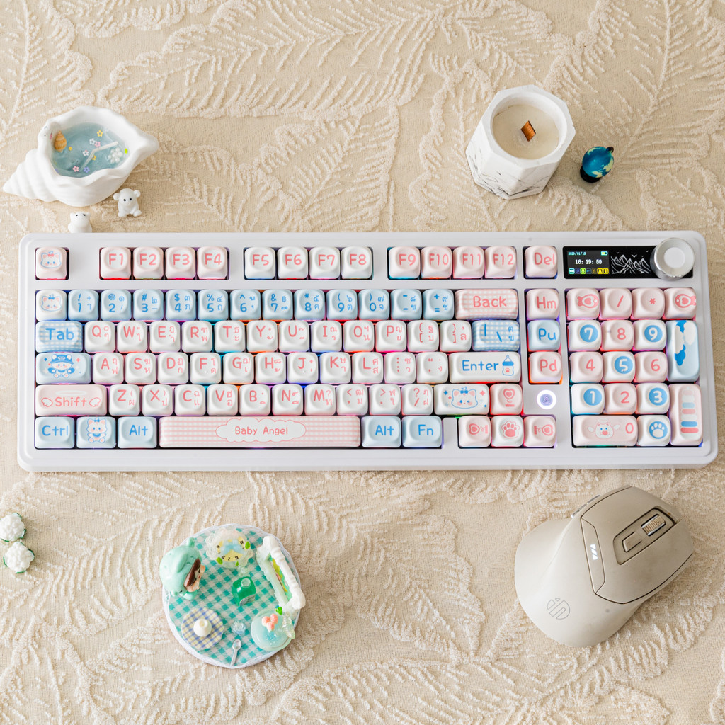 ภาษาไทย AK980 คีย์บอร์ดไร้สายสามโหมดพร้อมหน้าจอ TFT (ปรับแต่งได้) ลูกบิดบลูทูธแบบมีสาย 2.4G 8000mAh ปะเก็นแบตเตอรี่