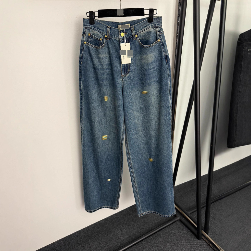 U3SH กางเกงยีนส์ทรงslim-fit เพรียวบาง พิเศษปุ่มทองและเอวสูง