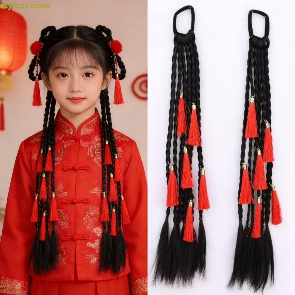 แฮร์พีซและเครื่องประดับผม สไตล์เวเนเชียน กับทรงผมหางม้าสไตล์จีน พู่สีแดงคล้องผม สำหรับเด็กในเทศกาลปีใหม่