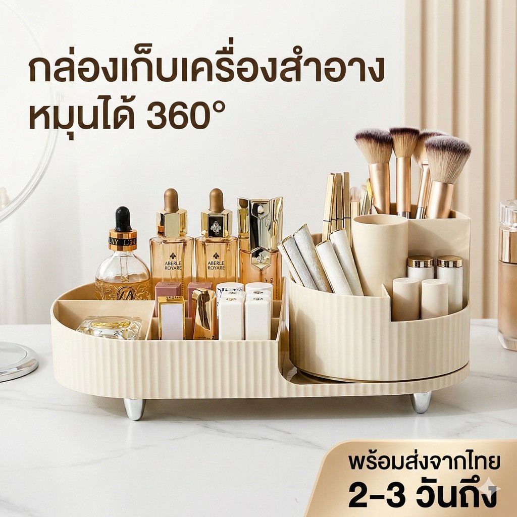กล่องใส่เครื่องสำอาง หมุนได้ ใส่แปรง/สกินแคร์ขวดใหญ่ได้เยอะ ชั้นวางของอเนกประสงค์ จัดโต๊ะสวยสะอาดตา
