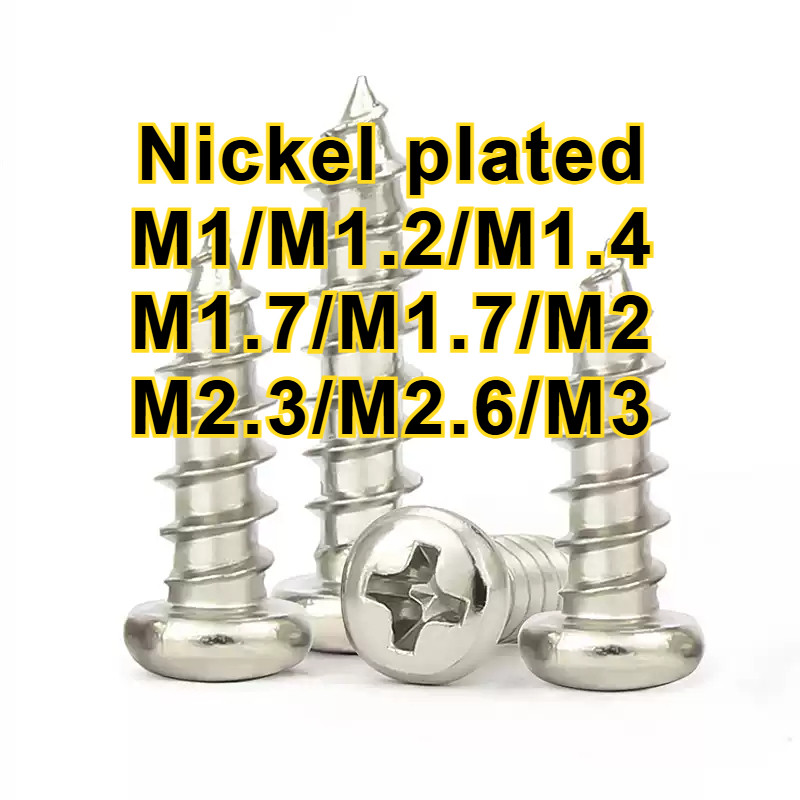 สกรูยึดหัวกลมไขว้ PA ชุบนิกเกิล สกรูไม้หางแหลม M1/M1.2/M1.4/M1.7/M2/M2.3/M2.6/M3*L=4-25MMZHX-WJ-1-MB