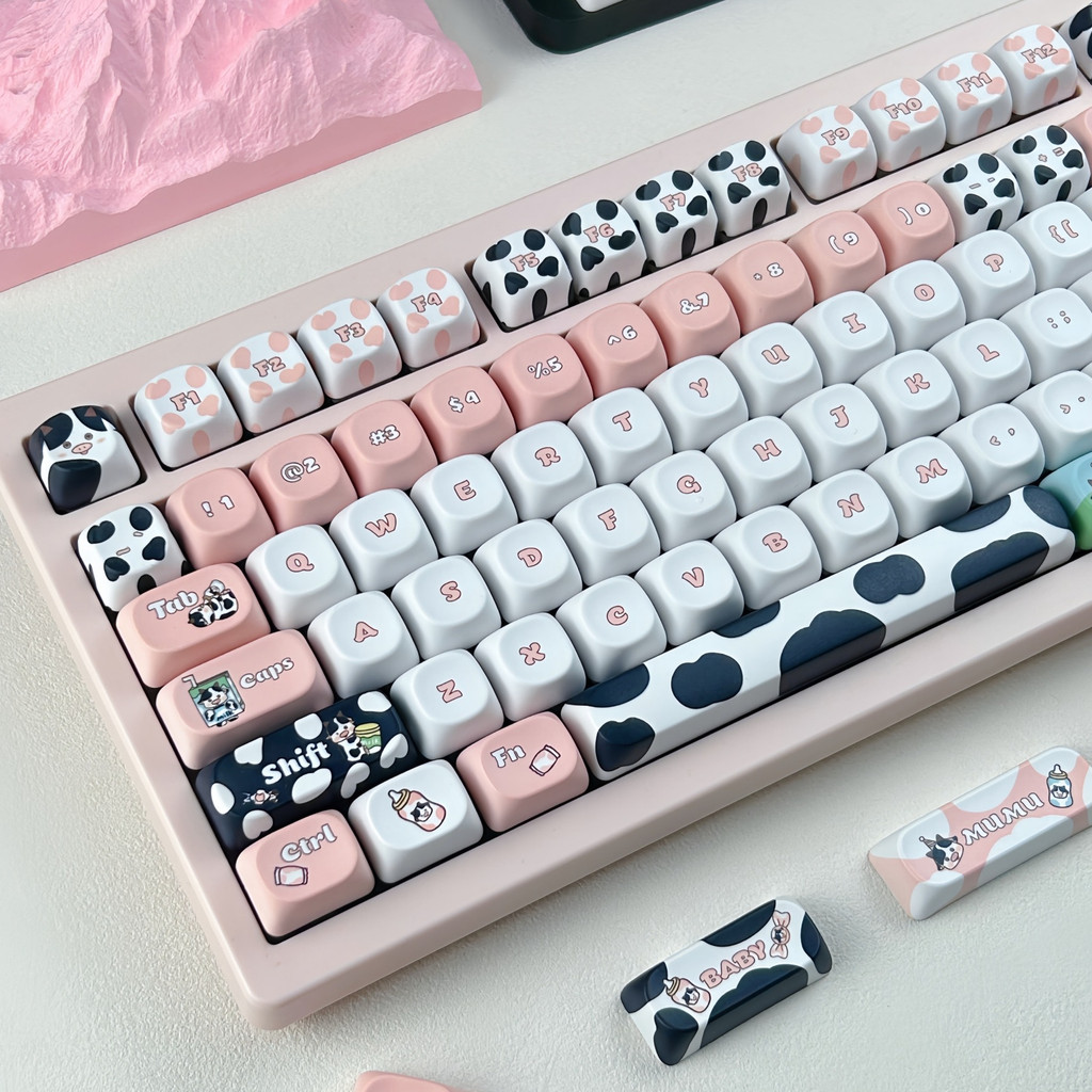 MAIMOOO นมวัว Keycap MOA โปรไฟล์ 120 คีย์ PBT Dye Sublimation Aula F75 F99 RK100 การ์ตูนสีชมพู Keyca
