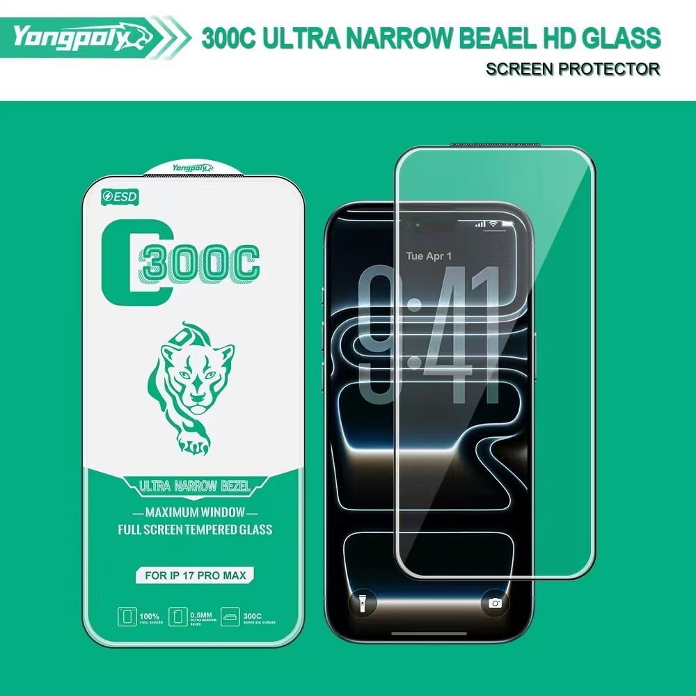 ฟิล์มกระจกใส ขอบบางพิเศษ｜เต็มจอ โค้งใหญ่ 300C｜กล้องหน้าไม่เจาะรู กระจก HD สำหรับ 17PRO 17 16PLUS 15PLUS 14 13 XR 11