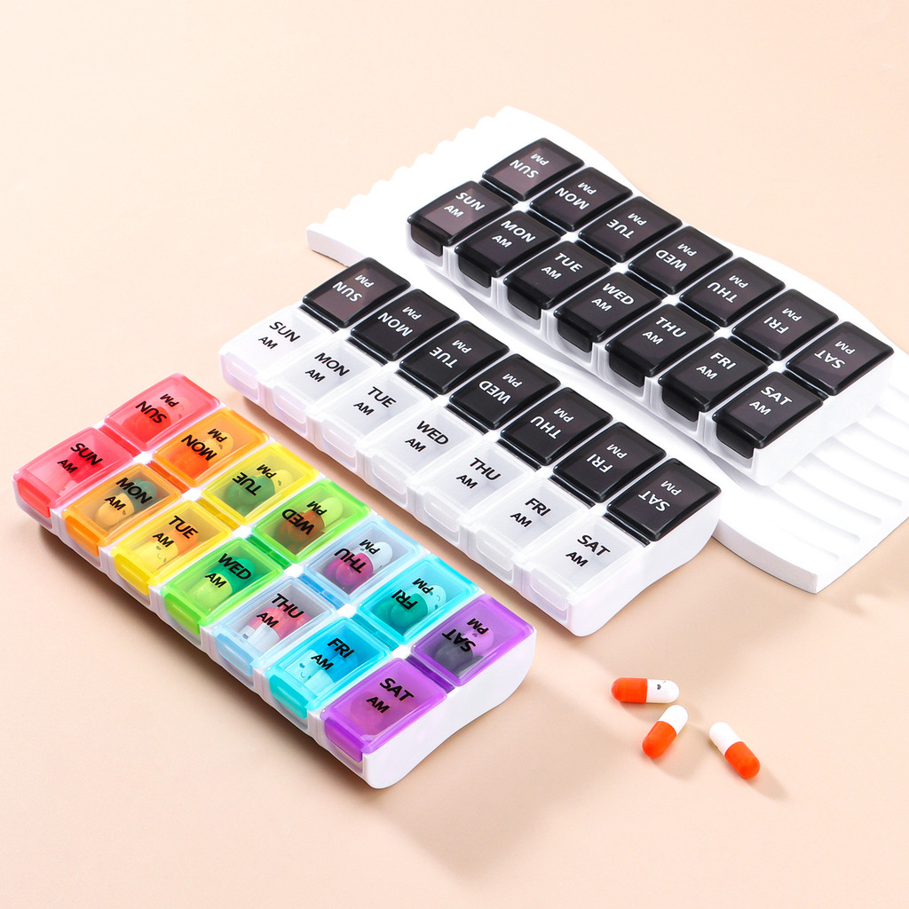 1 Week Pill Case Box 14 Grids 7 Days Medicine Organizer Fish Oils Vitamins Pill Container Weekly AM 