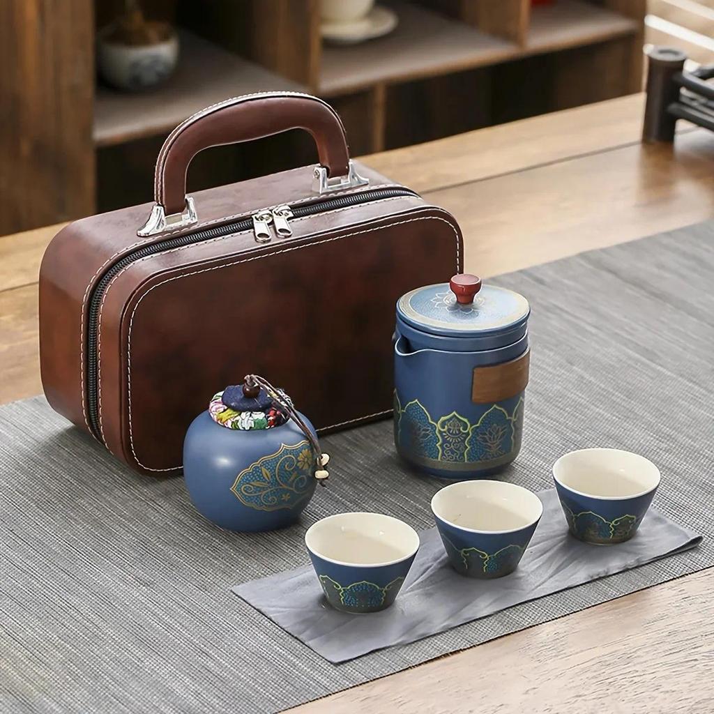 1 Set Travel Tea Set Portable Kung Fu Tea Set Ceramic Teapot Tea Canister Tea Cup Outdoor Quick Cup 