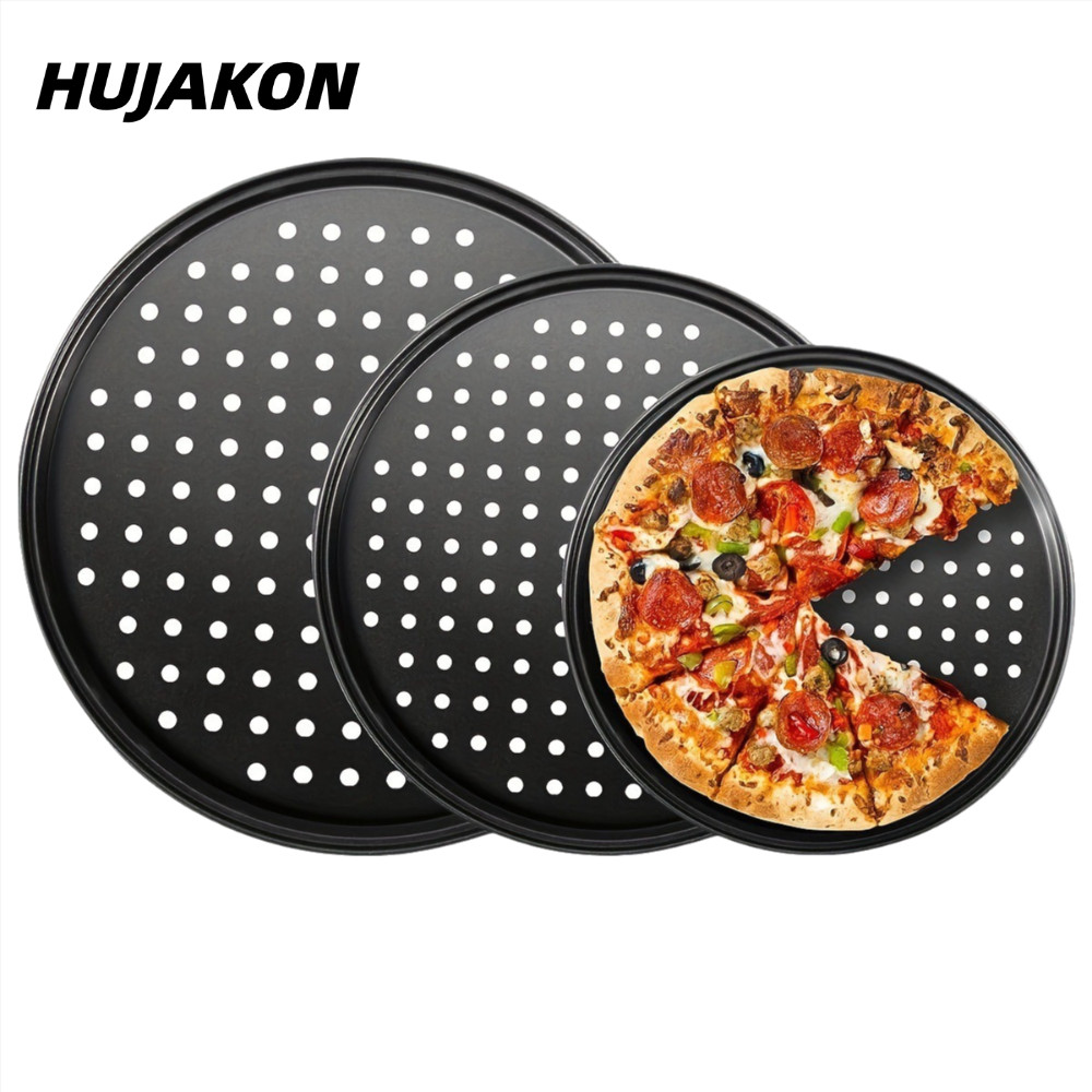 HUJAKON ถาดอบพิซซ่า, 10/11/12 นิ้ว Mupti Purpose Perforated Pizza Pan ชุด, ทนทาน Non Stick เหล็กคาร์บอนรอบจานทําอาหารกรอบ & Bubbly